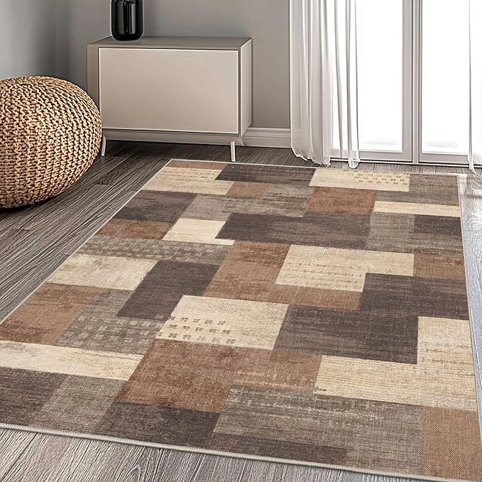 Modern Geometric Patchwork Indoor Area Rug for Living Room, Beige 4'x 6' Large Rug Rockwood Collection Hardwood Floors Decor for Bedroom, Beige Throw Carpet for Office Entryway Dining Room