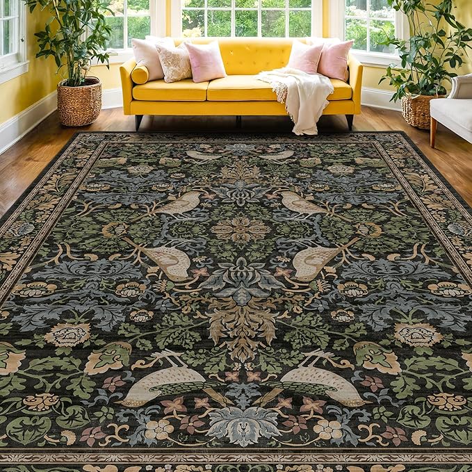 Botanical Brown Rug for Living Room - Washable 10x14 Area Rug for Dining Room Under Table, Extra Large Bedroom - Boho Bird Farmhouse Decor, Soft Low PileNon-Slip & Stain Resistance