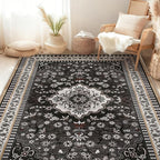Luxury 5' x 7' Black Washable Area Rugs, Boho Low Pile Easy Clean Non-Slip Rug, Floral Medallion Pattern Vintage Rugs for Living Room, Dinning Room, Office, Bedroom, Bathroom, Laundry Room, Farmhouse