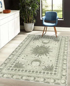 Ambesonne Sun and Moon Decorative Rug, Bohemian Artwork Design of Crescent Solar Ornament Esoteric Stars Ornaments, Quality Carpet for Bedroom Dorm and Living Room, 5' 1" X 7' 5", Pale Reseda