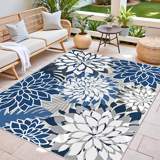 Colorful 9x12 Outdoor Area Rug Washable Multicolored Patio Rug Tropical Botanical Floral Chenille Waterproof Outdoor Carpet Non-Slip for Deck, Backyard, Porch, Blue