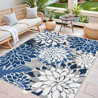 Colorful 6x9 Outdoor Area Rug Washable Multicolored Patio Rug Tropical Botanical Floral Chenille Waterproof Outdoor Carpet Non-Slip for Patio, Deck, Backyard, Porch, Blue