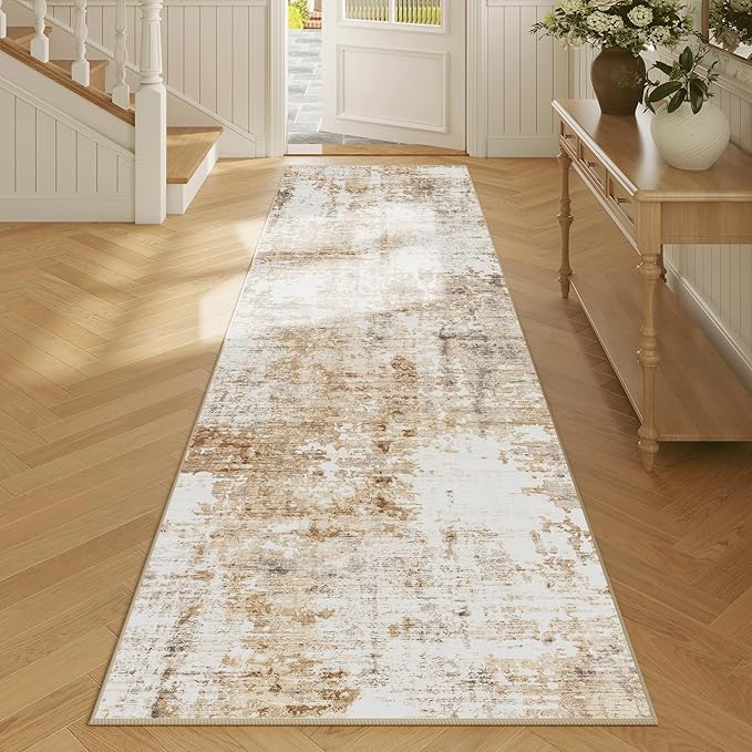 FMFUNCTEX 2x8 Runner Rug Washable Brown Grey Modern Abstract Neutral Non Slip Low Pile Entryway Hallway Soft Indoor Carpet for Kitchen Bedroom Bathroom Laundry Entrance Bedside Living Room, Grey Gold