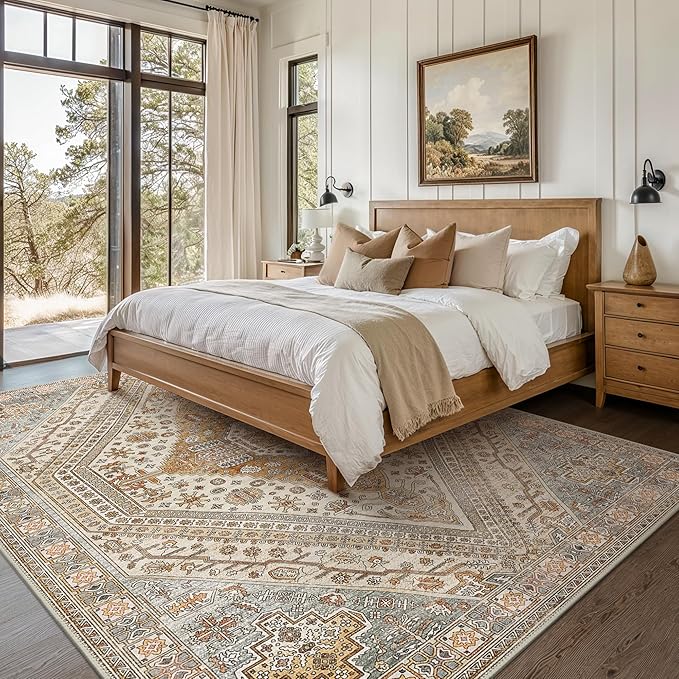 Bavni Washable Rug 8x10 Area Rug for Living Room Bedroom Dining, Washable Vintage Print Carpet, Ultra-Thin Chenille Low Pile Lightweight Rug with Non Slip Backing, Tan/Grey