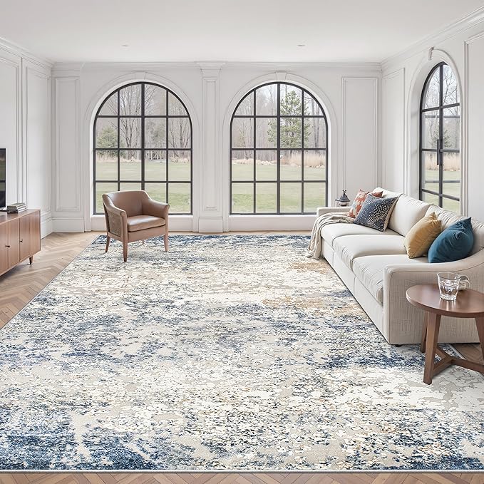 Art&Tuft Washable Rugs 9x12, Abstract Area Rugs 9x12 Living Room - Non Slip and Low Pile Soft Thin Rug for Bedroom, Dining Room, Kitchen, Office, Blue