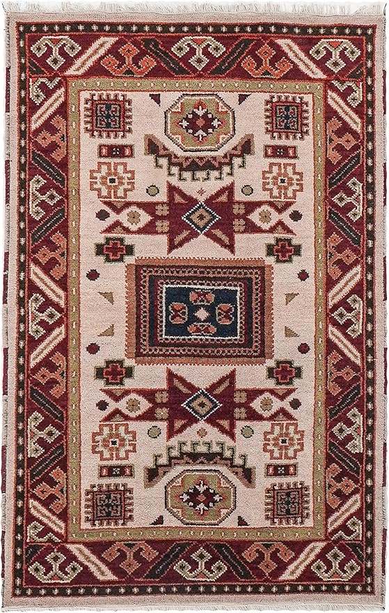 Hand Knotted Wool & Silk ECO-Friendly Oriental Area Rugs - 4'x6', Rectangle Shape, Cream Burgundy Color, Classic Oriental Traditional, Medium Pile Handmade Area Rugs (AF0102)