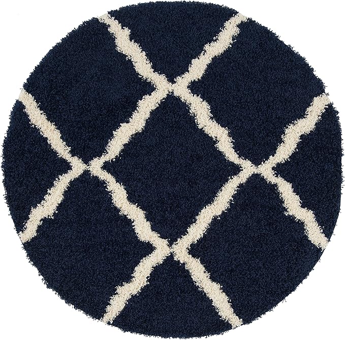 SAFAVIEH Dallas Shag Collection Area Rug - 4' Round, Navy & Ivory, Trellis Design, Non-Shedding & Easy Care, 1.5-inch Thick Ideal for High Traffic Areas in Living Room, Bedroom (SGD257N)