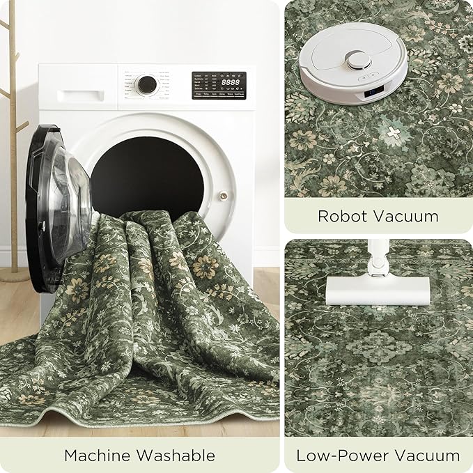 5X7 Area Rugs for Living Room, Soft Rugs Green Washable Rug, Indoor Vintage Rugs for Bedroom Home Office Laundry, Rubber Backed Non Slip Low Pile Carpet, Dark Olive Green