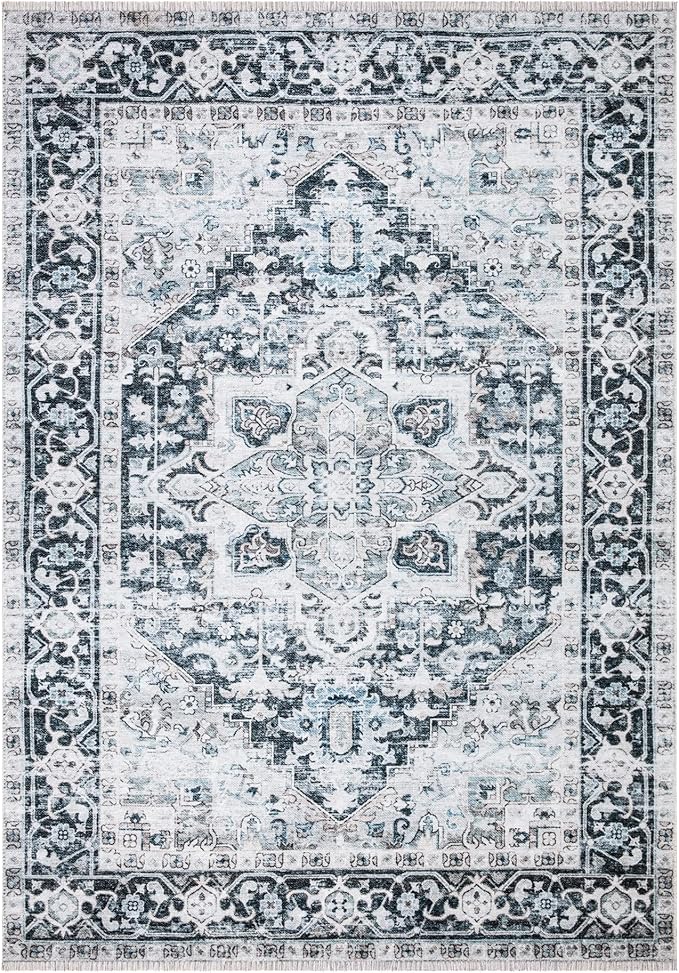 Bloom Rugs Caria Washable Non-Slip 6x9 Rug - Denim Blue Traditional Area Rug for Living Room, Bedroom, Dining Room, and Kitchen - Exact Size: 6' x 9'