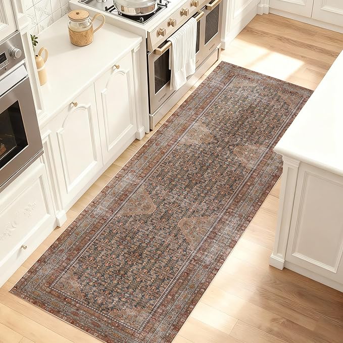 Kuden 2'6"x10 Runner Rug, Machine Washable Area Rug with Non-Slip Backing, Vintage Style, Soft, Easy Clean, Low Pile Rug for Hallway, Entryway, Kitchen, Bedroom