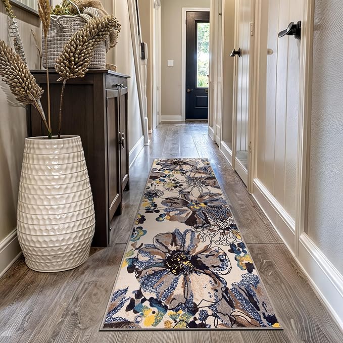 Rugshop Cream Bright Flowers Non Slip Non-Shedding Runner Rug for Hallway, Corridor and Kitchen, 2'7" x 12'