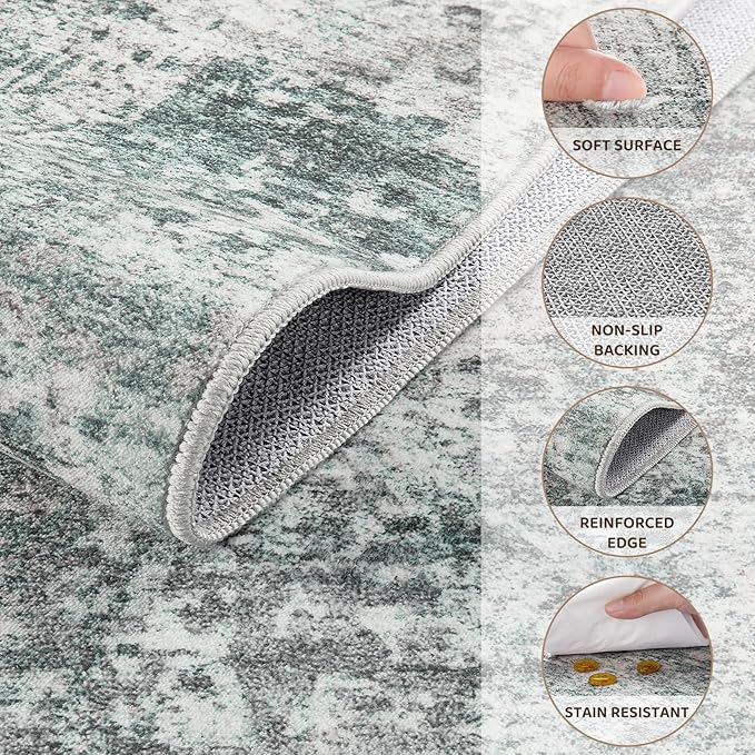 8x10 Area Rug Living Room Rugs - Washable Neutral Modern Abstract Soft Thin Large Rug Indoor Floor No Slip Rug Carpet for Bedroom Under Dining Table Home Office Decor - Green/Grey