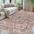 KOZYFLY Boho Area Rug 5x7 Ft Thin Washable Rugs for Living Room Faux Wool Throw Carpet Printed Non Slip Rug for Entryway Bedroom Dining Room Living Space, Terracotta/Beige