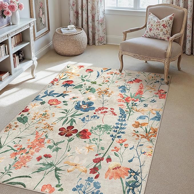 Beige Area Rug 4x6 Office Floral Indoor Door Mat Washable Boho Kitchen Living Room Carpet Non Slip Bedroom Low Pile Lightweight Throw Rug for Dining Room Farmhouse