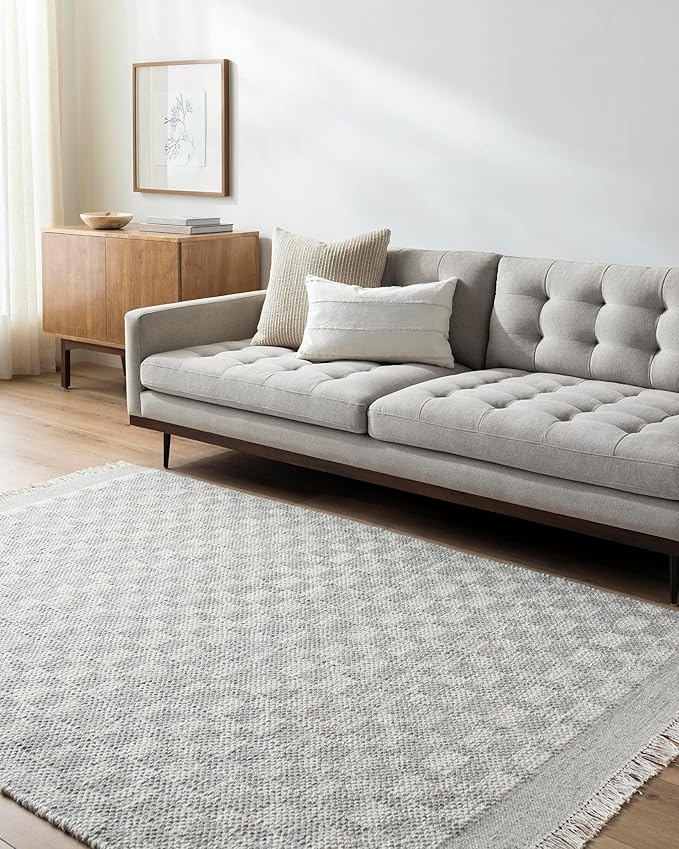 Mark&Day Wool Rugs, 9x12 Clinten Solid and Border Ivory Checkered Rug, Ivory Carpet for Living Room, Bedroom or Kitchen (8'10" x 12')