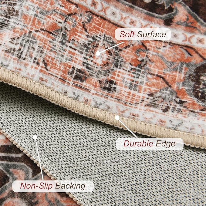 XWZO Washable Hallway Runner Rug 2x8ft — Non-Slip Low Pile Area Rug with Rubber Backing, Spill Resistant Soft Vintage Floor Carpet Runner for Kitchen Entryway Doorway Bedroom Corridor, Brick Red
