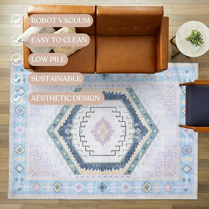Fame Living Washable Area Rug. Modern Farmhouse. Vintage. Turkish. Bohemian. Distressed. Oriental. Traditional. Rugs for Living Room. Dining. Bedroom. Office. Entryway. Foyer. (856PBl, 2'5" x 13')