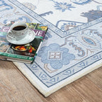 Fame Living Cream Blue Oushak Rug, Modern, Vintage, Turkish, Eclectic, Floral, Pastel, Washable, Extra Large Area Rugs for Living Room, Dining, Bedroom, Lounge, 9'x12'