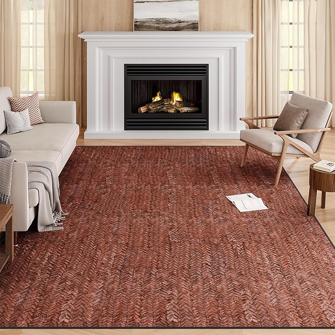 Eleisa Modern Vintage 6x9 Herringbone Chevron Area Rug for Living Room, Wine & Red, Non-Slip Stain Resistant Washable Rug, Farmhouse Home Decor Carpet for Bedroom, Kitchen, Dining Room