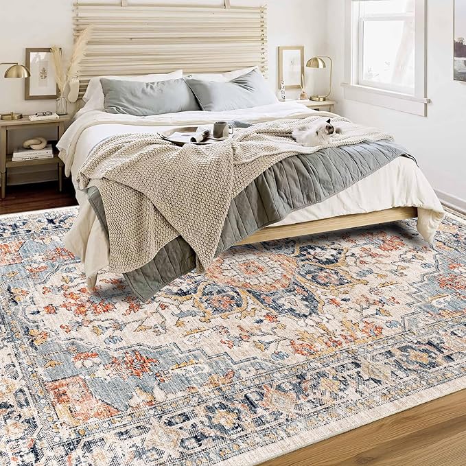 Enkor Area Soft Rugs 6x9 Washable Non Slip Boho Floor Rugs for Living Room Bedroom, Vintage Style Farmhouse Mat for Kitchen Entryway Orange & Black