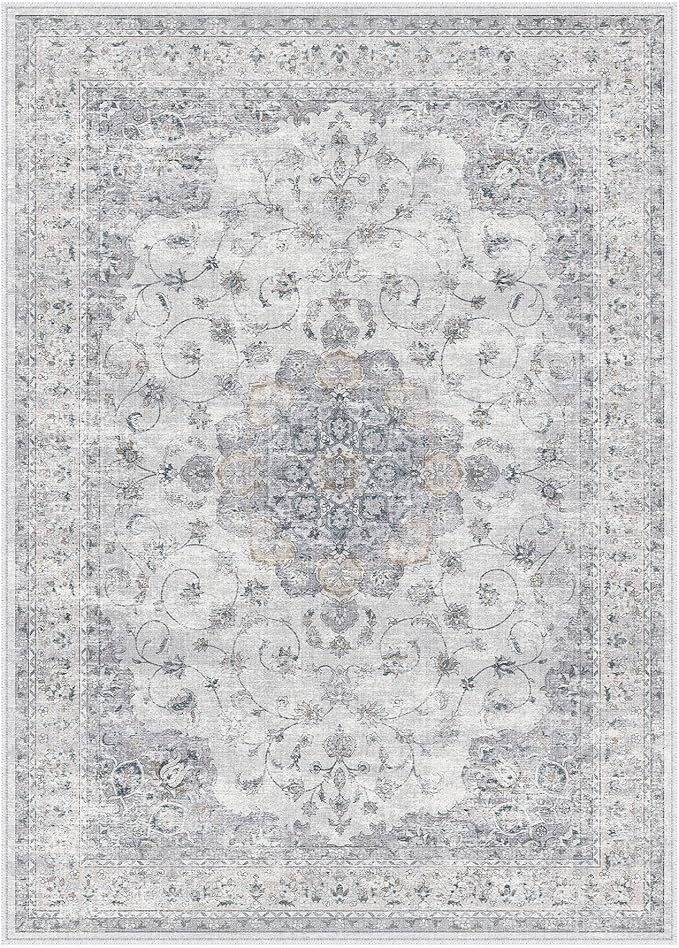 HUGEAR Machine Washable Area Rugs 10x14 Vintage Blue Large Living Room Bedroom Rug Neutral Style Non Slip Stain Resistant Low Pile Throw Carpet for Home Retro Aesthetic Modern Decor