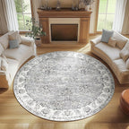 jinchan Fiora Round Rug 8ft Area Rugs - Vintage Floral Distressed Design Machine Washable Non-Slip Low-Pile Ultra-Thin Circle Rug for Living Room Dining Room Bedroom Farmhouse (8' Round, Grey)