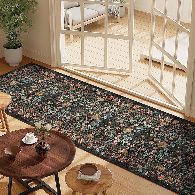 DUKINO 2x6 Runner Rug for Hallway, Washable Vintage Floral Kitchen Rug with Non Slip Backing, Soft Low Pile Throw Carpet Runner for Kitchen, Laundry, Hallway, Bathroom, Black