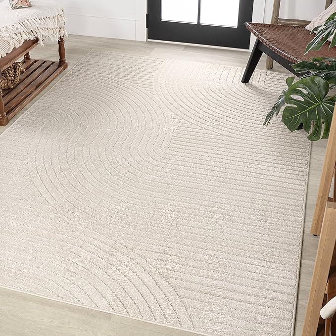 JONATHAN Y Hallie High-Low Curve Ivory/Cream Indoor/Outdoor Area Rug, 4x6, Minimalist, Pet Friendly, Non-Shedding, Stain Resistant, Hose-Washable for Backyard, Patio, Porch (SCN100B-4)
