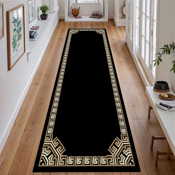 Greek Key Runner Rugs, 3.3x7ft, Vintage Traditional Tribal Black and Gold Color Stain Resistant Long Rug Runners, Entryways Non Slip Washable Sturdy Room Decor Mat for Kitchen Bedroom