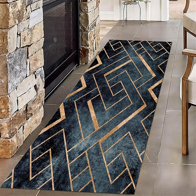 Navy Blue Gold Geometric Rug Runners for Hallways, 3.3x10ft, Modern Gold Line Indoor Carpet, Minimalist Art Durable Fade Resistant Rugs, Anti-Skid High Traffic Rugs for Kitchen LaundryRoom