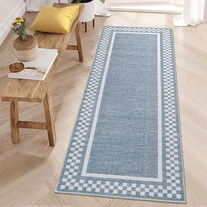 Washable Runner Rug 2x10 Modern Bordered Hallway Runner Rug Non Slip Kitchen Throw Carpet Checkered Bathroom Entryway Runner Rugs Low Pile Solid Area Rugs for Living Room Bedroom Nursery Sink, Blue