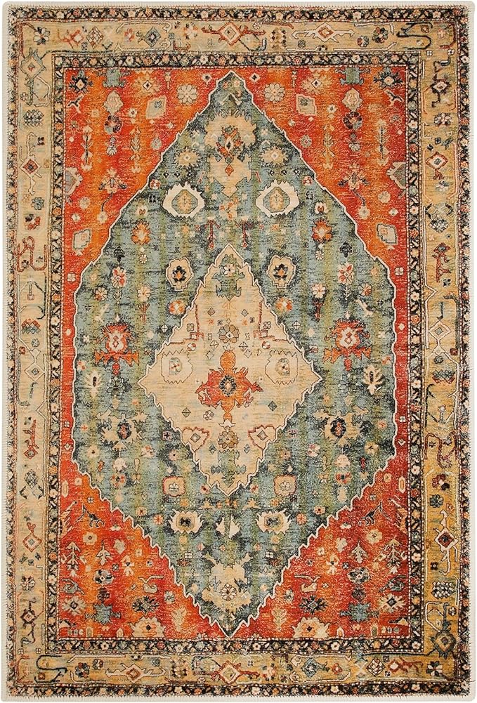COMSLE Boho Area Rug, 2 x 3 Ft Washable Rugs for Entryway Faux Wool Small Rugs Distressed Throw Rug Non-Slip Floor Carpet for Indoor Bedroom Kitchen Living Room