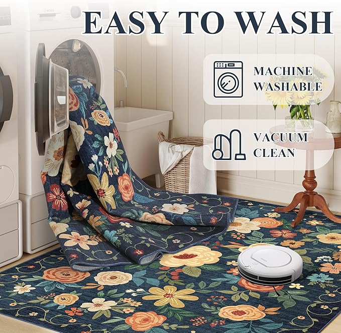 DUKINO 2x6 Runner Rug for Hallway, Washable Kitchen Runner Rug with Non Slip Backing, Low Pile Soft Boho Floral Runner for Kitchen, Hallway, Entryway, Laundry, Bedroom, Dark Blue