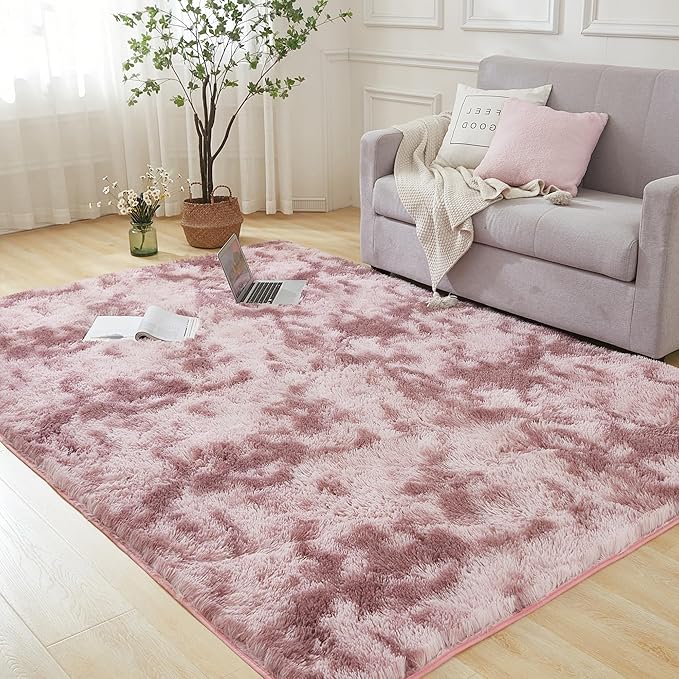 Andency Area Rugs 9x12 for Living Room Home Decor, Large Shaggy Bedroom Carpet, Non-Slip Big Shag Indoor Thick Soft Fluffy Furry Fur Area Rugs for Kids Dorm Nursery Aesthetic, Tie-Dyed Dusty Pink