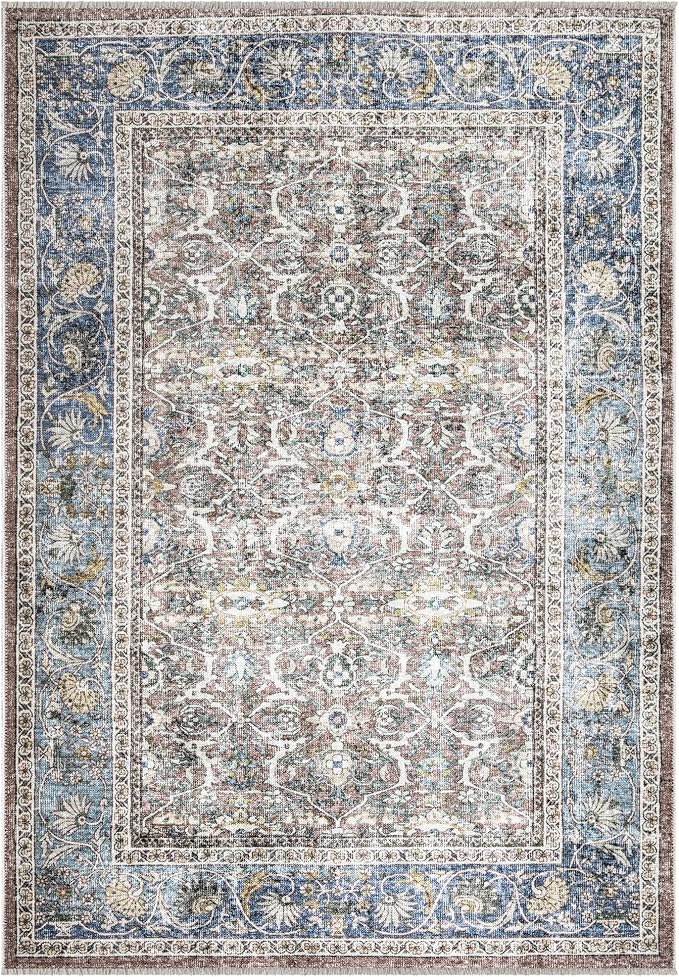 Bloom Rugs Caria Washable Non-Slip 4x6 Rug - Blue/Red Brown Traditional Area Rug for Living Room, Bedroom, Dining Room, and Kitchen - Exact Size: 4' x 6'