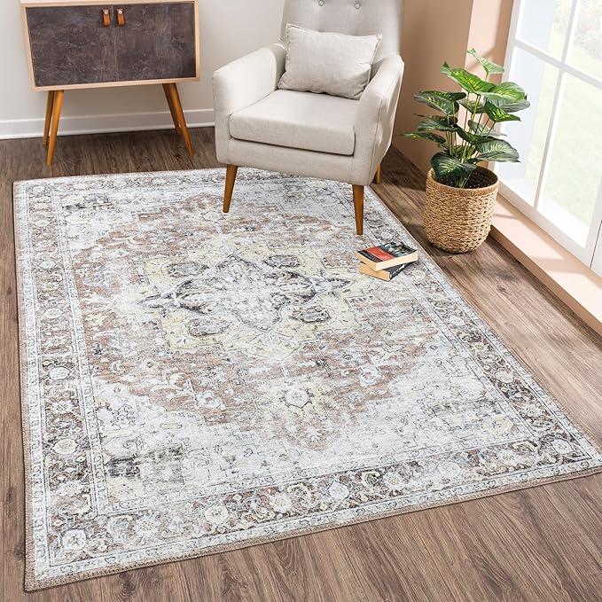 Bloom Rugs Washable Non-Slip 9' x 12' Rug - Blush/Beige Traditional Medallion Area Rug for Living Room, Bedroom, Dining Room, and Kitchen - Exact Size: 9' x 12'