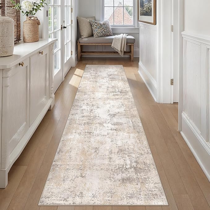 3x12 Washable Runner Rug Beige Grey Abstract Hallway Kitchen Throw Rug Neutral Modern Non Slip Soft Low Pile Carpet for Bathroom Laundry Bedroom Living Room