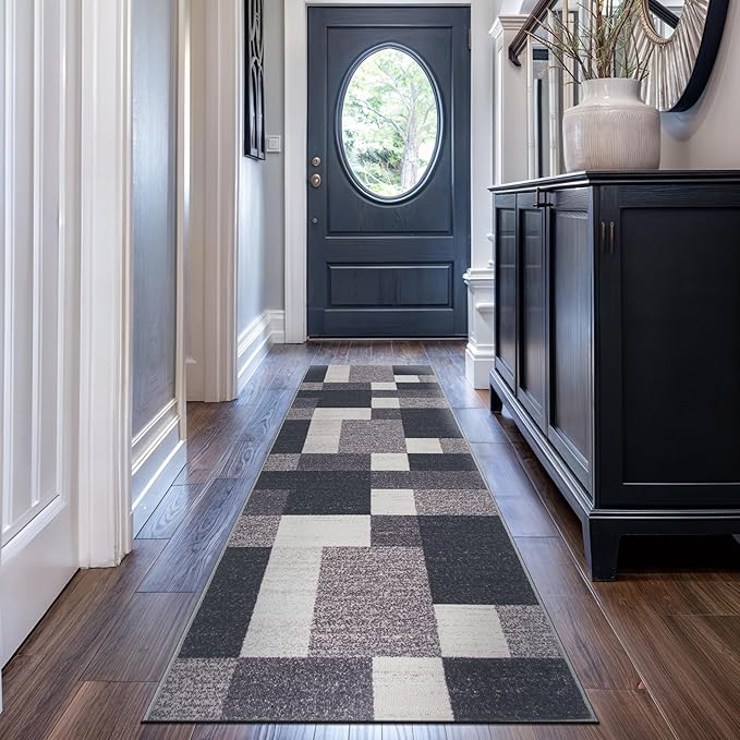 Rugshop Modern Boxes Design Non-Slip (Non-Skid) for Hallway,Entryway,Kitchen Runner Rug 2'7" x 10' Gray