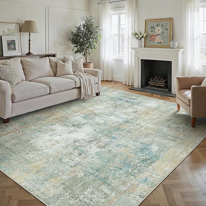 10x12 Area Rug Teal Beige Abstract Living Room Bedroom Washable Carpet Neutral Modern Non-Slip Soft Low Pile Lightweight Vacuumable Large Throw Rug for Dining Room