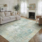 8x10 Washable Area Rug Teal Beige Abstract Living Room Bedroom Carpet Neutral Modern Non-Slip Soft Low Pile Lightweight Vacuumable Large Throw Rug for Dining Room
