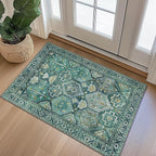 Bavni 2x3 Entryway Rug Bathroom Rugs for Front Door Bedroom Bathroom Kitchen, Washable Vintage Print Carpet, Ultra-Thin Chenille Lightweight Rug with Non Slip Backing, Dark Green
