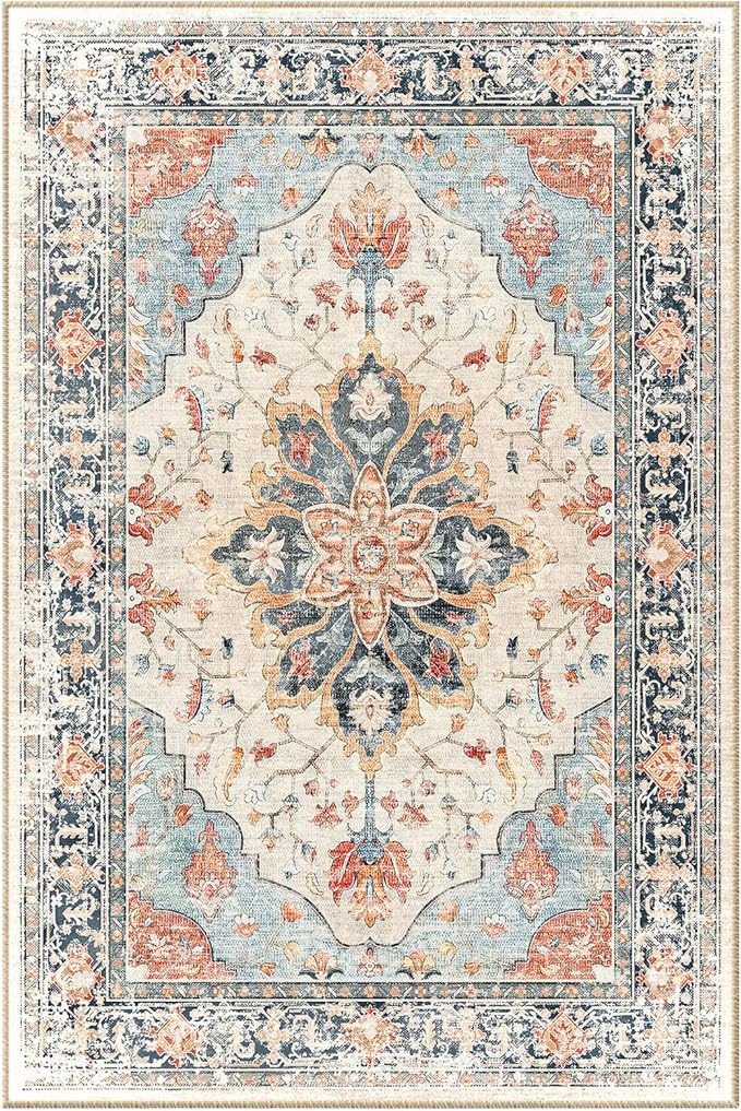 Area Rugs 3'x7' Washable Non-Slip, Floral Vintage Distress Print Pattern Medallion Carpet for Living Room Bedroom Dining Room, Beige Navy Blue Orange Colorful