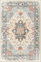 Area Rugs 3'x12' Washable Non-Slip, Floral Vintage Distress Print Pattern Medallion Carpet for Living Room Bedroom Dining Room, Beige Navy Blue Orange Colorful