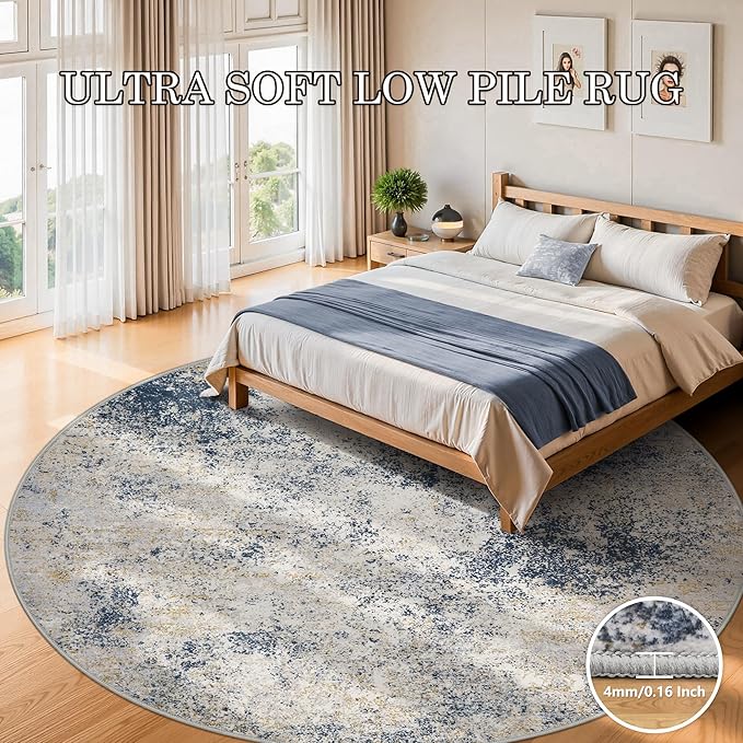 6ft Washable Round Rug - 6x6 Area Rugs Modern Abstract Rugs for Living Room Non-Slip Low Pile Soft Machine Washable Carpet for Bedroom, Living Room, Dining Room, Nursery, Farmhouse (6'x6' Beige Blue)