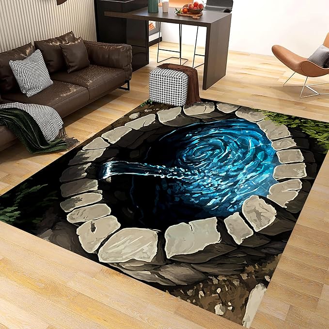 3D Well Waterfall Bedroom Carpet, 3x5ft, Visual Illusion Deep Hole Entrance Rug, Huge Stone Cracks Non-Slip Rugs, Cozy Breathable with Non Slip Backing Mat for Indoor Bedside