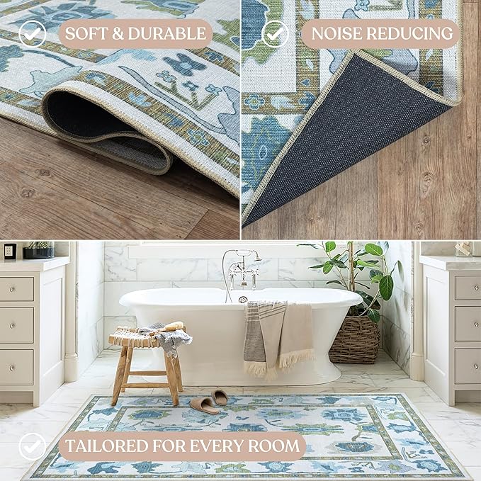 Green Oushak Rug, Modern Rugs, Vintage, Turkish, Eclectic, Floral, Pastel, Washable, Small Throw, Accent Area Rug for Living Room, Bedroom, Kitchen, Bathroom, 2'5"x4'11"