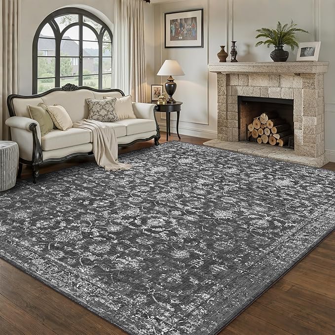 Washable Area Rug 9x12 Black Rugs for Living Room, Vintage Boho Large Rug for Bedroom Dining Room Office, Distressed Floral Print Carpet for Under Table, Soft Non Slip Low Pile Throw Carpet Indoor Mat