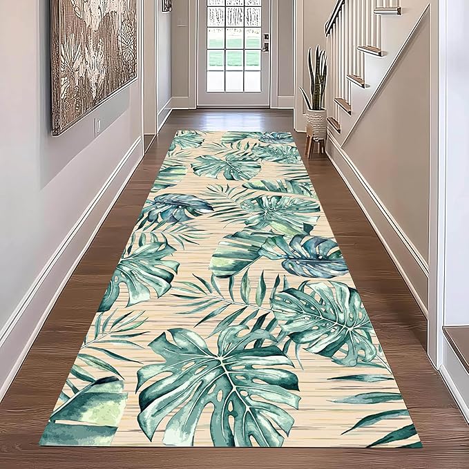 Tropical Palm Leaf Runner Rug 1.3x7 ft - Green Plant Pattern Non-Slip Rug, Stain Resistant Easy Clean for Hallway, Living Room, Bedroom Floor Mat