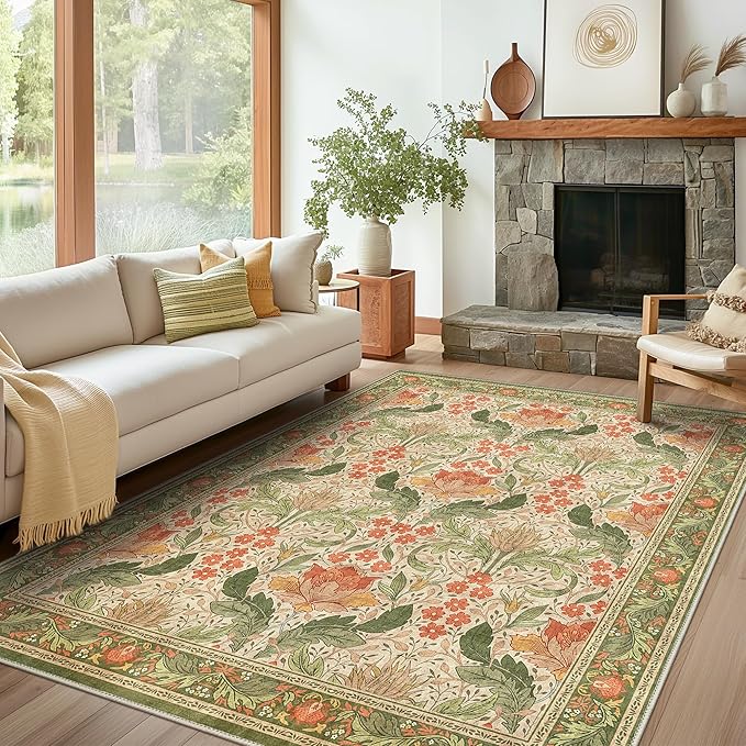 Bavni 5x7 Area Rugs for Living Room, Microfiber Machine Washable Non-Slip Vintage Floral Rug, Low Pile Lightweight Carpet for Bedroom, Dining Room, Home Office, Sage Green & Burnt Orange
