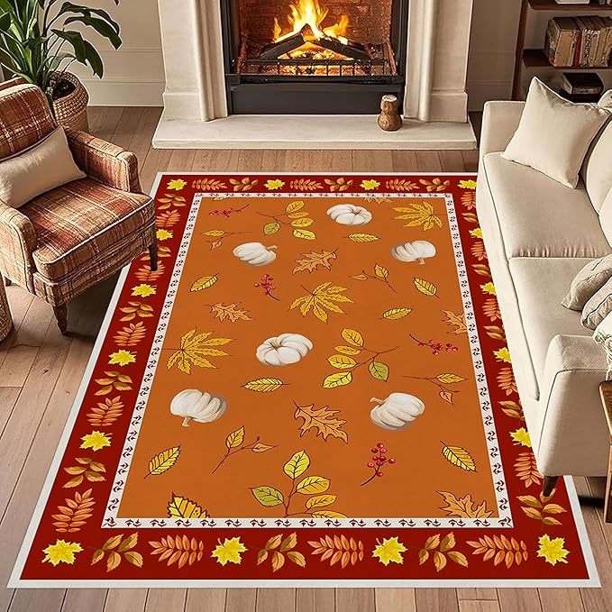 Fallen Leaves Carpet for Kitchen, 4x5ft, Autumn Pumpkins with Leave Orange Area Rug, Indoor Ultra-Thin Foldable Machine Washable Fun Pumpkin Bath Mat for Home Office Relax Room